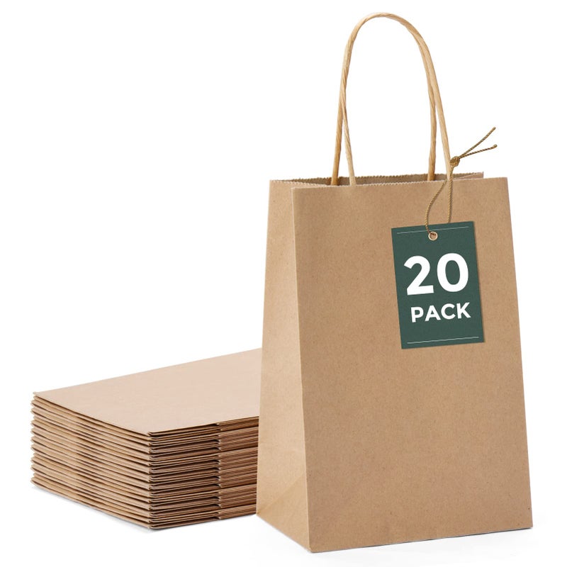 GSSUSA Brown Paper Bags 5.25x3.75x8 20Pcs, Small Gift Paper Bag with Handles Bulk, Graduation Gift, Sturdy Kraft Paper, Retail Shopping Bags, Party Favor, Christmas - Image 1